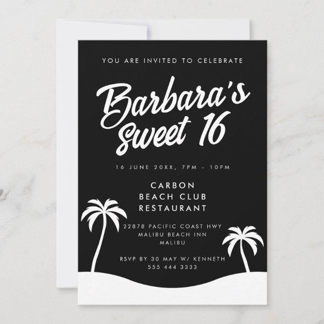 Modern Black White Summer Beach Party Sweet 16 Invitation (Front)