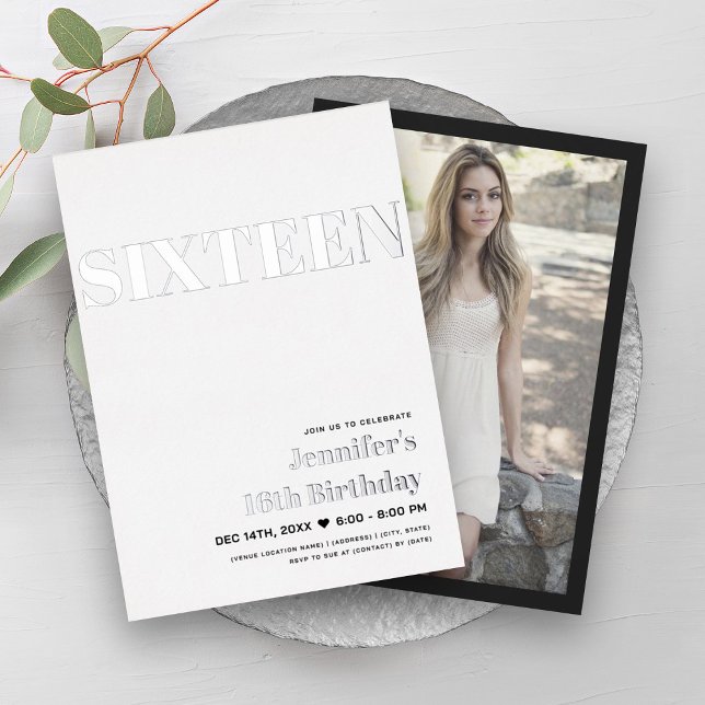 Modern Black & White Sweet 16 Typography  Foil Invitation (Modern Black & White Sweet 16 Typography Foil Invitation)