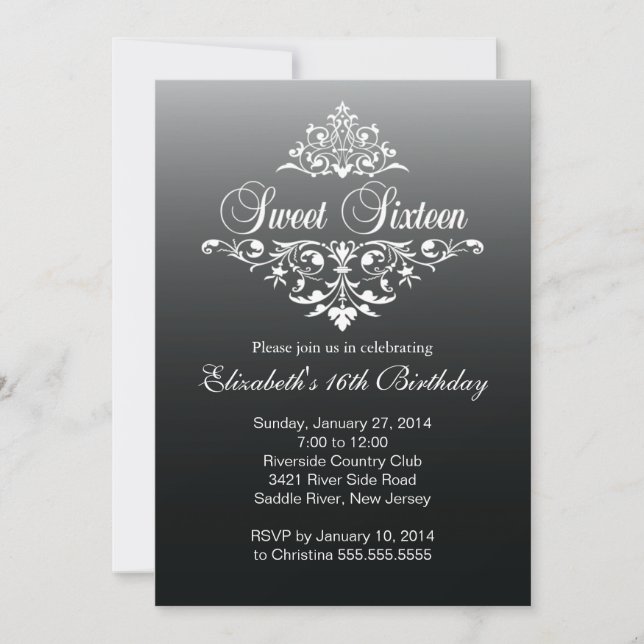 Modern Black White Sweet Sixteen Birthday Party Invitation (Front)