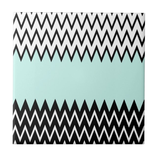 Modern black white teal stylish chevron pattern tile (Front)