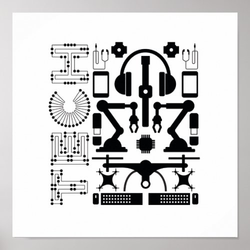 Modern Black  White Technology Objects Pattern Poster