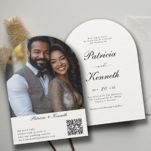 Modern Black & White Texture Arch QR Wedding Photo Invitation