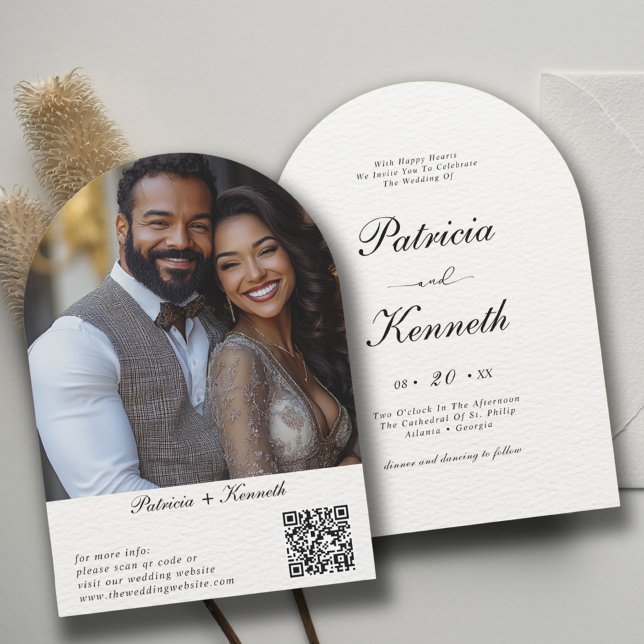 Modern Black & White Texture Arch QR Wedding Photo Invitation (Creator Uploaded)