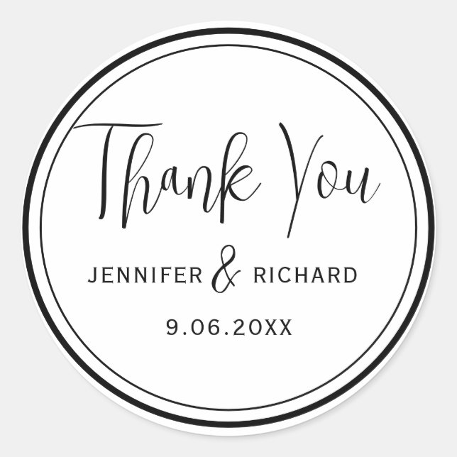 Modern Black & White Thank You Wedding Favor Classic Round Sticker (Front)