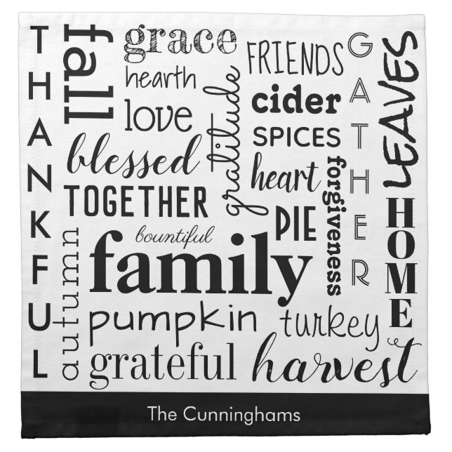 Modern Black White Thanksgiving Cloth Napkin (Front)