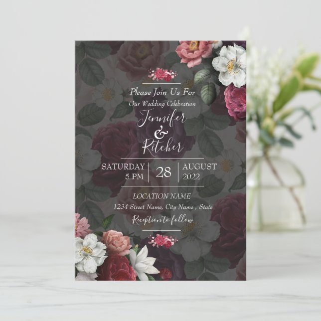 Modern Black & White Theme with Burgundy Flowers  Invitation (Standing Front)
