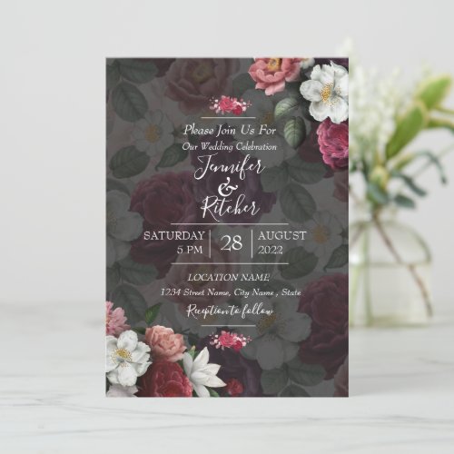 Modern Black  White Theme with Burgundy Flowers  Invitation