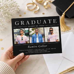 Modern Black White Three Photo Graduation