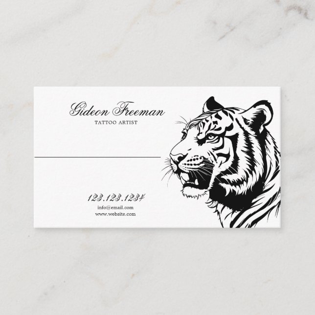 Modern Black & White Tiger Tattoo Artist Business Card (Front)