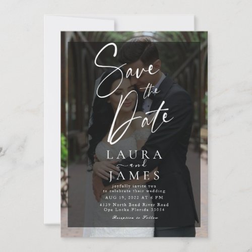 Modern black white transparent photo save the date invitation