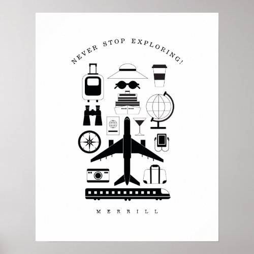 Modern Black  White Travel Objects Motif Poster