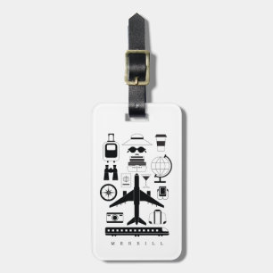 Modern Black & White Travel Objects Pattern Luggage Tag