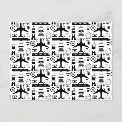 Modern Black  White Travel Objects Pattern Postcard