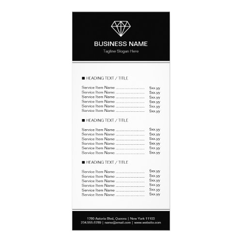 Modern Black White Trendy Diamond Logo Price List Rack Card