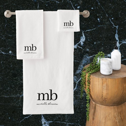 Modern Black White Trendy Script Initial Monogram Bath Towel Set