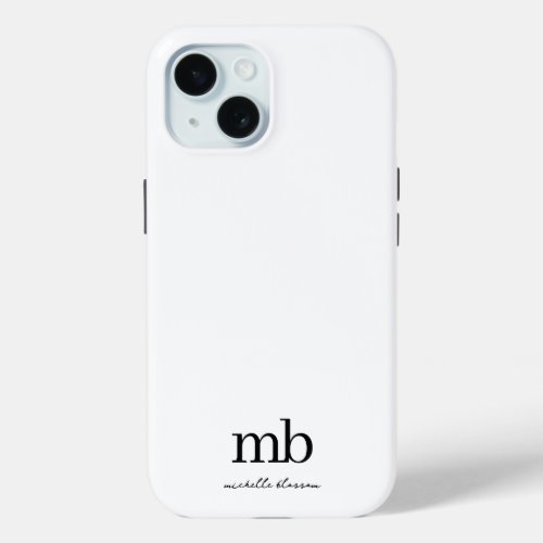 Modern Black White Trendy Script Initial Monogram iPhone 15 Case