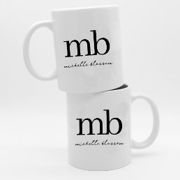 Modern Black White Trendy Script Initial Monogram Coffee Mug