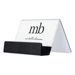 Modern Black White Trendy Script Initial Monogram Desk Business Card Holder