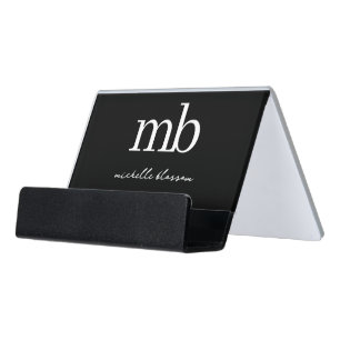 Modern Black White Trendy Script Initial Monogram Desk Business Card Holder