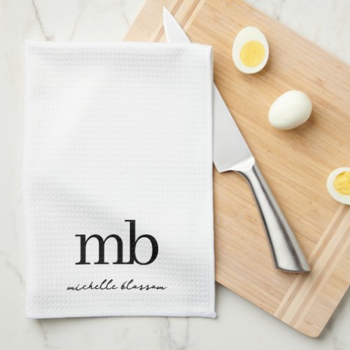 Modern Black White Trendy Script Initial Monogram Kitchen Towel