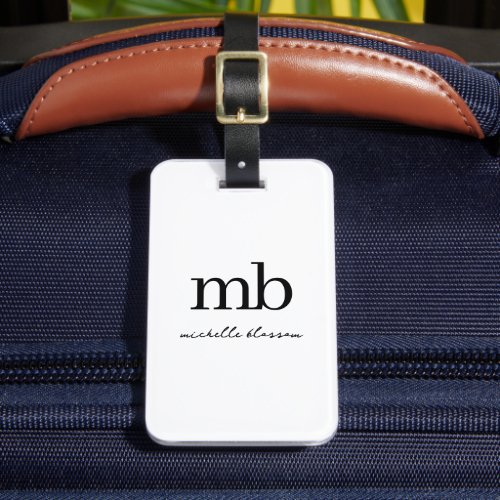 Modern Black White Trendy Script Initial Monogram Luggage Tag
