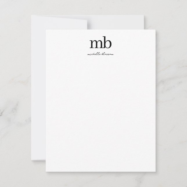 Modern Black White Trendy Script Initial Monogram Note Card (Front)
