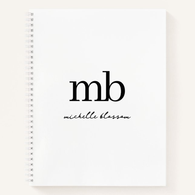 Modern Black White Trendy Script Initial Monogram Notebook (Front)
