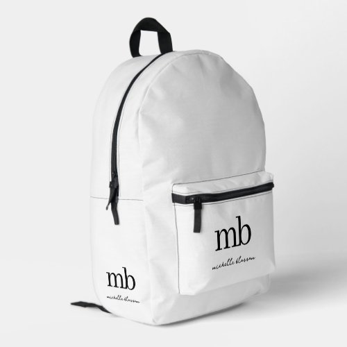 Modern Black White Trendy Script Initial Monogram Printed Backpack