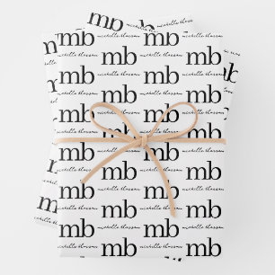 Modern Black White Trendy Script Initial Monogram Wrapping Paper Sheets