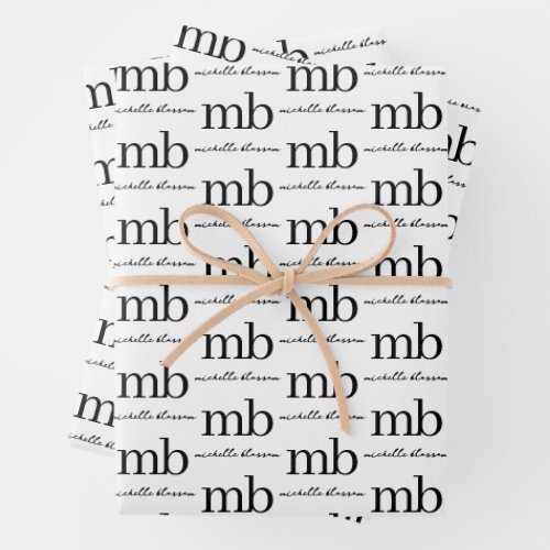 Modern Black White Trendy Script Initial Monogram Wrapping Paper Sheets