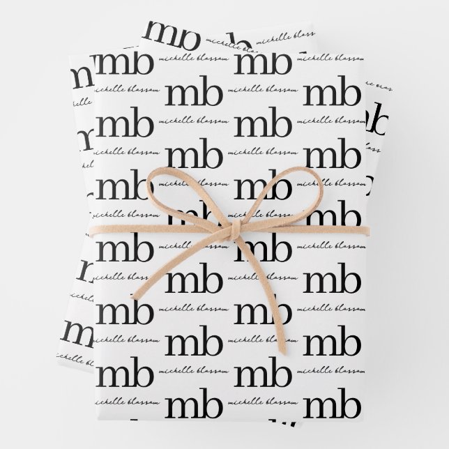 Modern Black White Trendy Script Initial Monogram Wrapping Paper Sheets (In situ)