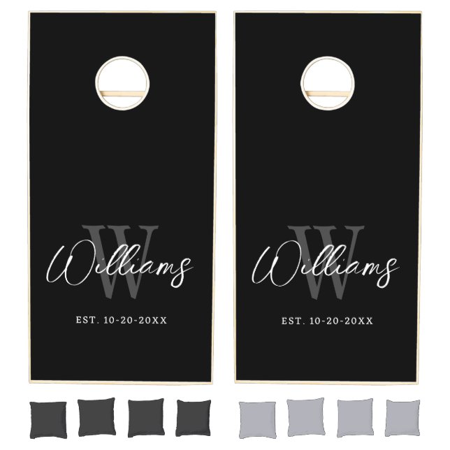Modern Black White Trendy Script Monogram Wedding Cornhole Set (Set)