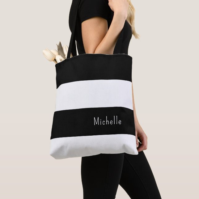 Modern Black White Trendy Stripes Tote Bag (Close Up)