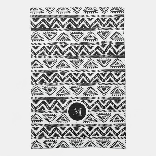 Modern Black & White Tribal Geometric Pattern Kitchen Towel (Vertical)