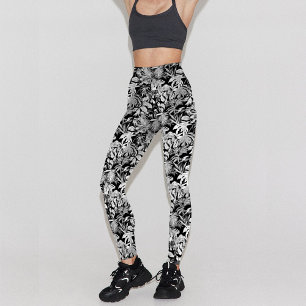Modern Black White Tropical Leaf Pattern Design Leggings