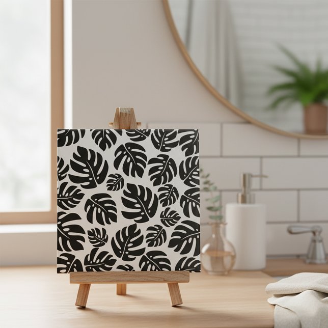 Modern Black White Tropical Monstera Leaf Pattern Ceramic Tile (Creator Uploaded)