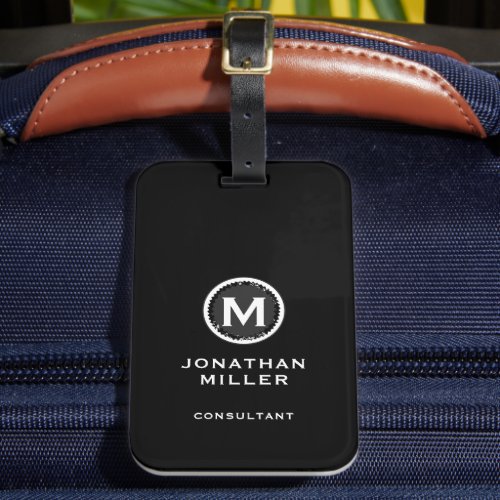 Modern Black White Typographic Monogram Luggage Tag