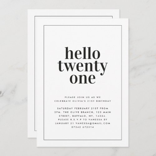 Modern black white typography 21 photo birthday invitation