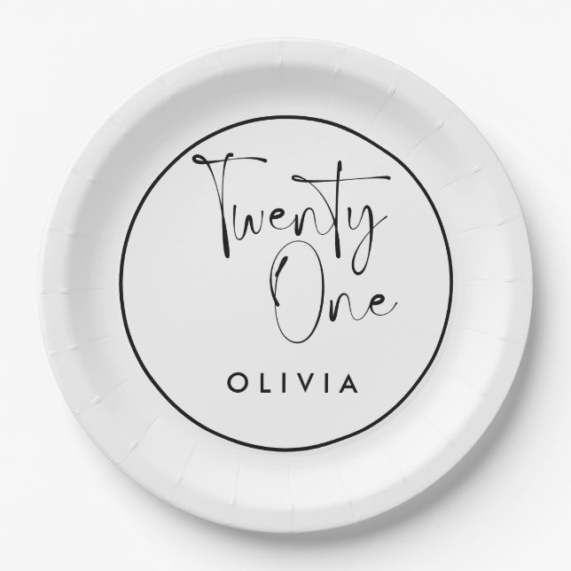 Modern black white typography 21 photo birthday paper plates (Front)