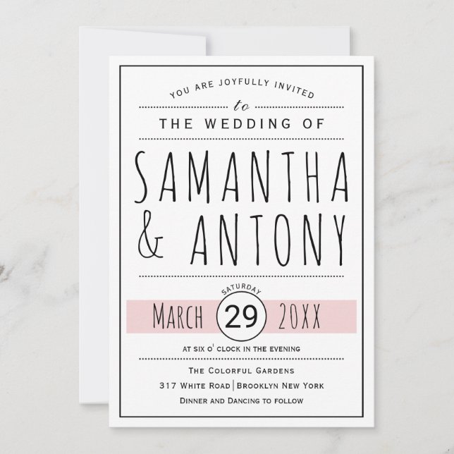 Modern black, white typography blush pink wedding invitation (Front)