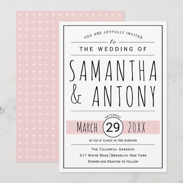 Modern black, white typography blush pink wedding invitation (Front/Back)