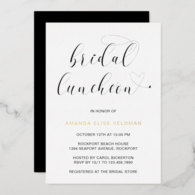 Modern Black White Typography Bridal Luncheon Gold Foil Invitation