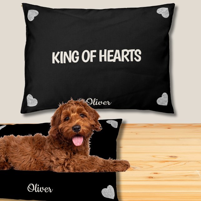 Modern Black & White Typography Custom Dog Name Pet Bed (KING OF HEARTS MODERN MINIMAL DOG BED, SIMPLE BLACK & WHITE DESIGN)