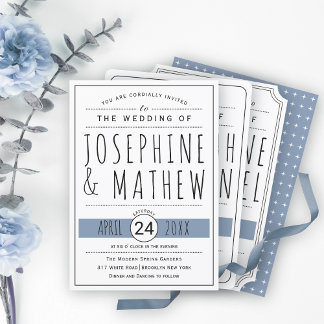 Modern black, white typography dusty blue wedding invitation