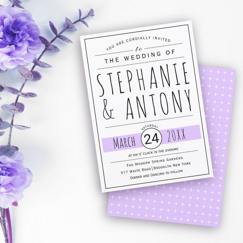 Modern black white typography lavender wedding invitation