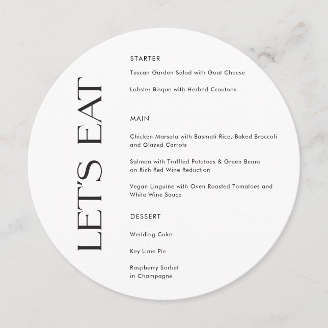 Modern Black White Typography Let's Eat Wedding Menu (Front)