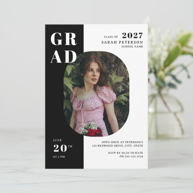 Modern Black & White Typography Photo Graduation Invitation (Standing Front)