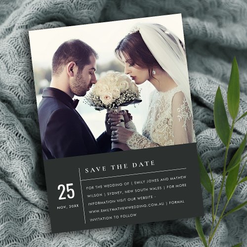 MODERN BLACK WHITE TYPOGRAPHY PHOTO SAVE THE DATE ANNOUNCEMENT POSTCARD