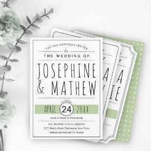 Modern black, white typography sage green wedding invitation
