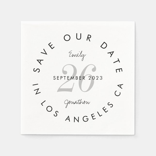 Modern Black White Typography Save The Date Napkins (Front)